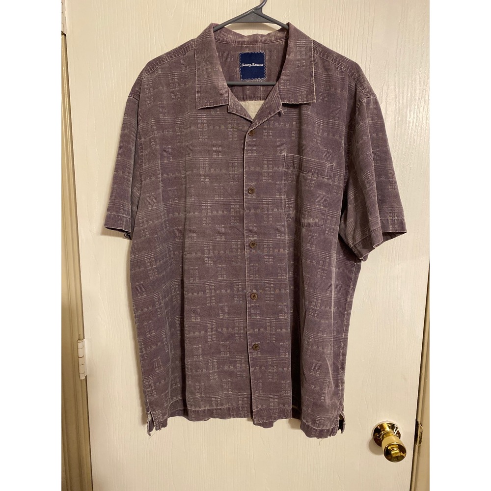 Tommy Bahama Mens XL Purple 100% Silk Textured Grid Short Sleeve Camp Shirt